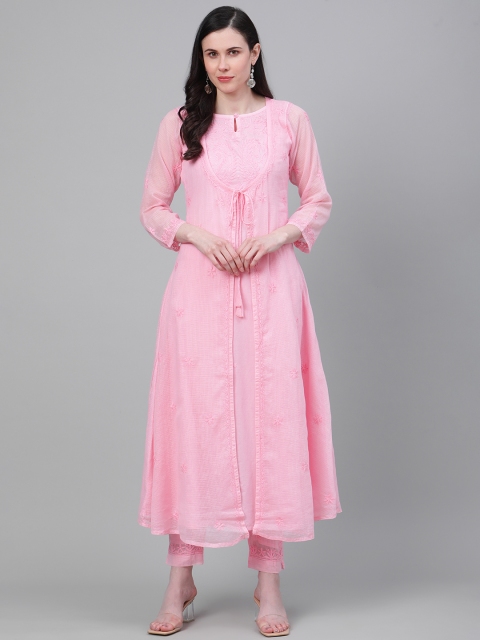 

ADA Women Pink Chikankari Embroidered Layered Sustainable Kota Kurta with Palazzos