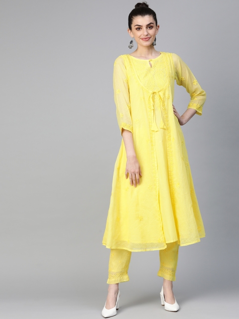 

ADA Women Yellow Chikankari Hand Embroidered Layered Sustainable Kota Kurta with Trousers