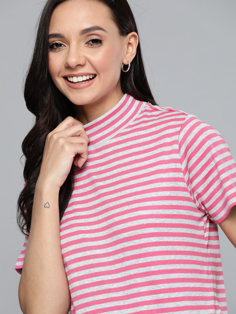 

Mast & Harbour Women Pink & Grey Melange Striped High Neck T-shirt