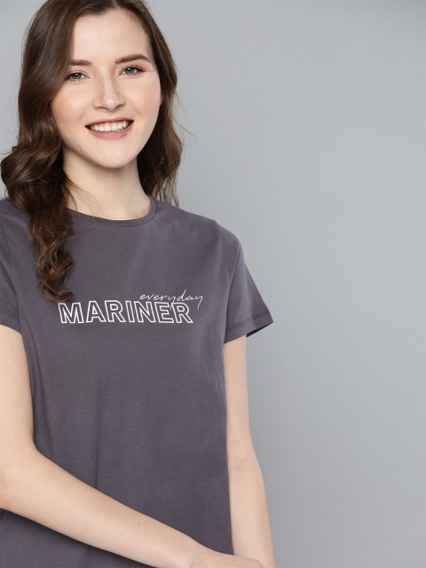

Mast & Harbour Women Charcoal Grey & White Typography Print Round Neck T-shirt