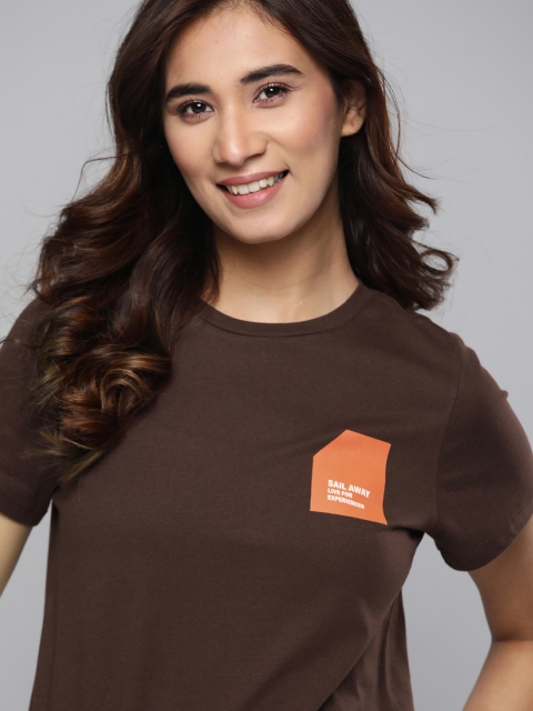 

Mast & Harbour Women Coffee Brown Solid Round Neck T-shirt
