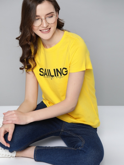 

Mast & Harbour Women Yellow & Black Typography Print Round Neck T-shirt