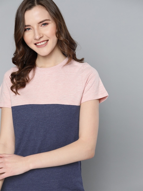 

Mast & Harbour Women Peach-Coloured & Navy Blue Colourblocked Round Neck T-shirt