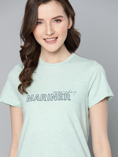 

Mast & Harbour Women Green Typography Print Round Neck T-shirt with Melange Effect