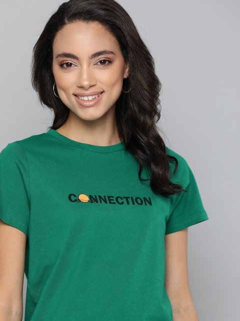 Mast & Harbour Women Green & Black Typography Print Round Neck Pure Cotton T-shirt