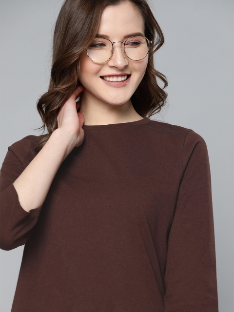 

Mast & Harbour Women Coffee Brown Solid Round Neck T-shirt