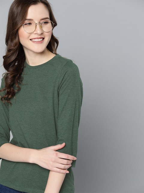 

Mast & Harbour Women Green Solid Round Neck T-shirt with Melange Effect
