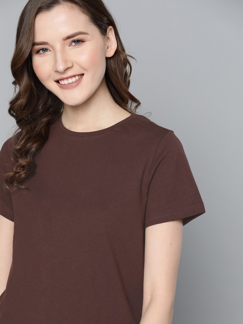 

Mast & Harbour Women Coffee Brown Solid Round Neck T-shirt