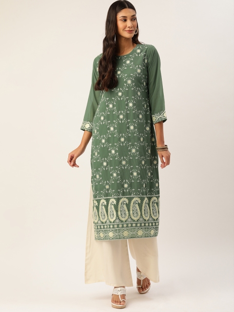 

CATCHY Women Green & Off-White Embroidered Straight Kurta