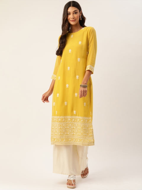 

CATCHY Women Mustard Yellow & Off-White Embroidered Straight Kurta