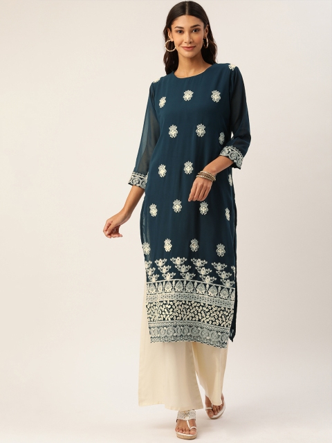 

CATCHY Women Teal Blue & Off-White Embroidered Straight Kurta