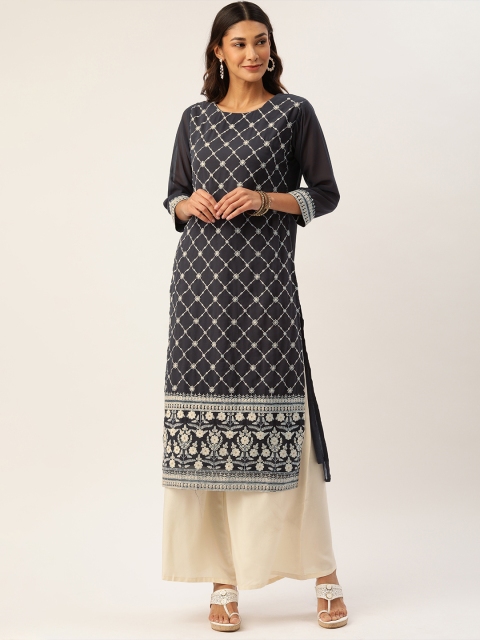 

CATCHY Women Charcoal Grey & Off-White Embroidered Straight Kurta