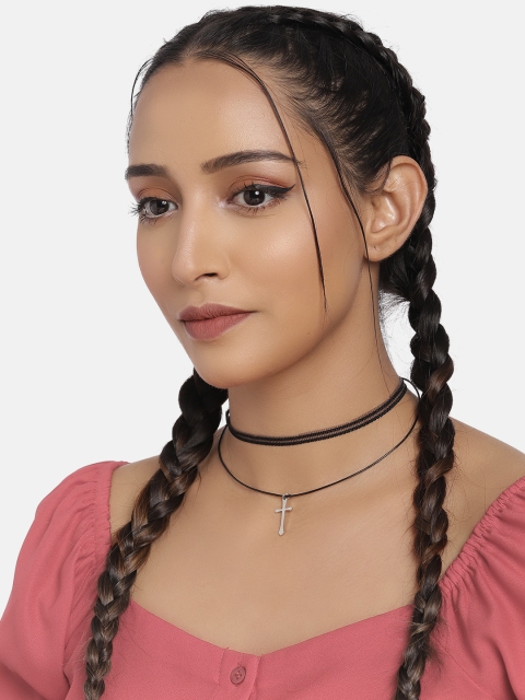 

DressBerry Black Cross Studded Layered Choker Necklace
