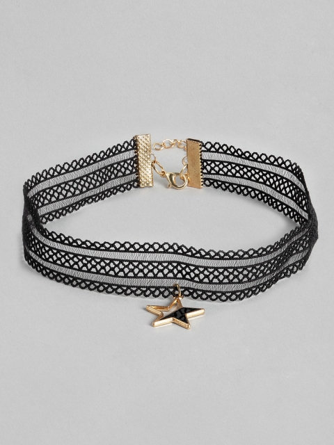 

DressBerry Black & Gold-Toned Lace Choker Necklace with Enamelled Detail