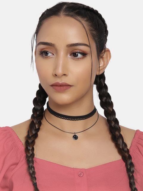 

DressBerry Black Lace Design Smiley Studded Layered Choker Necklace