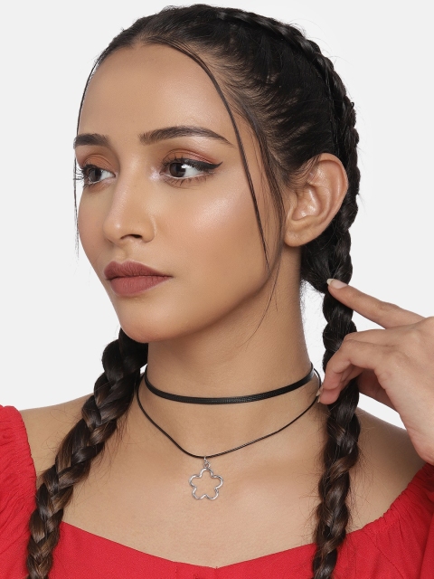 

DressBerry Black Double Strand Floral Charm Choker Necklace