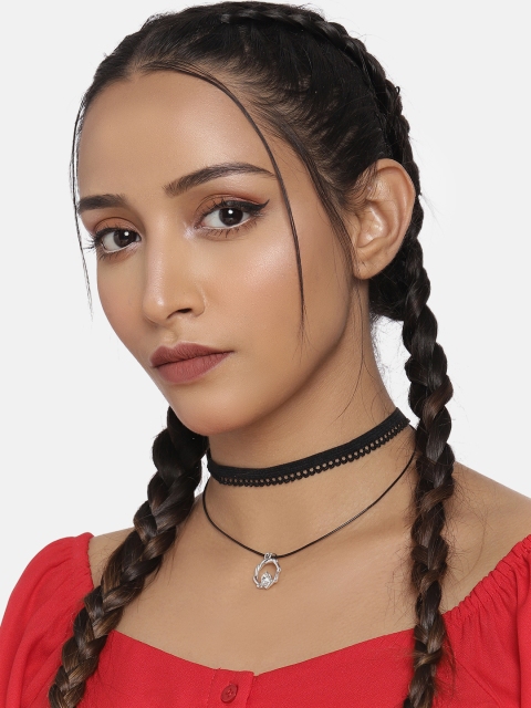 

DressBerry Black Double Strand Embellished Circular Charm Choker Necklace