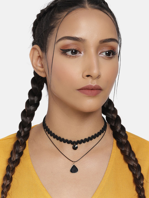 

DressBerry Black Double Strand Embellished Charm Choker Necklace