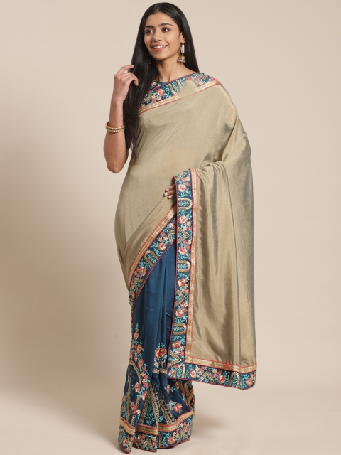 

MANOHARI Taupe & Teal Blue Embroidered Detail Half & Half Gadwal Saree