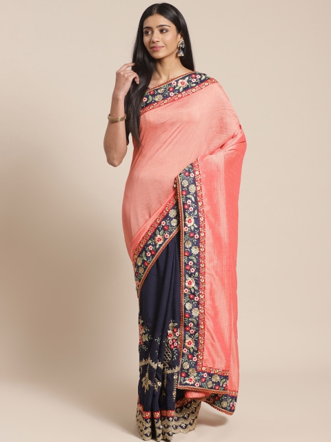 

MANOHARI Peach-Coloured & Navy Blue Solid Half & Half Gadwal Saree