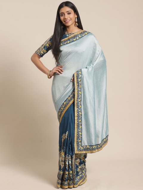 

MANOHARI Blue & Golden Embroidered Detail Half & Half Gadwal Saree