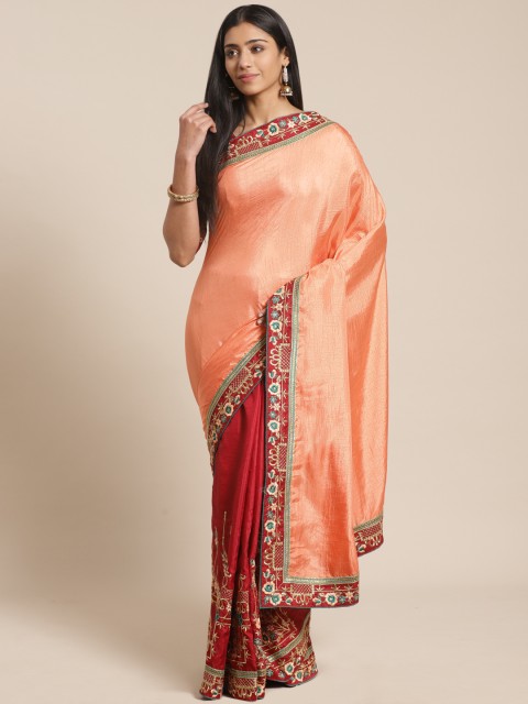 

MANOHARI Peach-Coloured & Maroon Embroidered Detail Half & Half Gadwal Saree