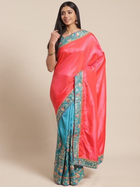 

MANOHARI Peach-Coloured & Blue Embroidered Half & Half Gadwal Saree, Red