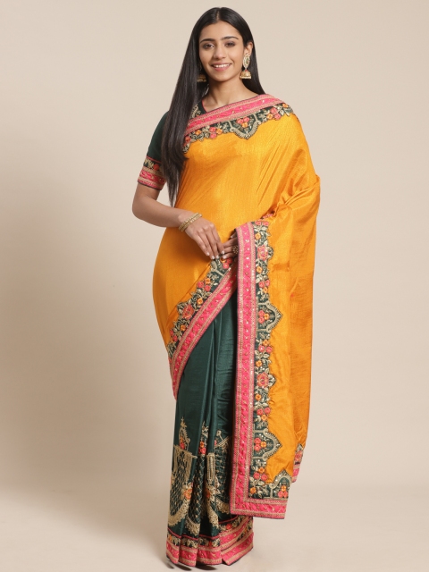 

MANOHARI Mustard Yellow & Green Embroidered Half & Half Gadwal Saree