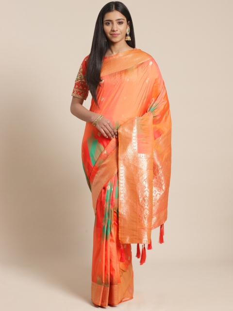 

MANOHARI Orange & Golden Woven Design Banarasi Saree