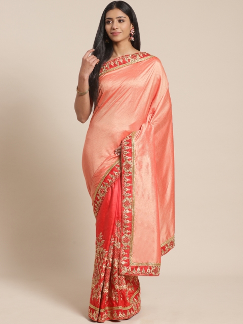 

MANOHARI Coral Pink & Golden Embroidered Detail Half & Half Gadwal Saree