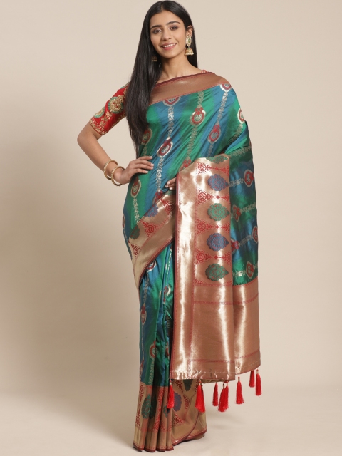 

MANOHARI Teal Blue & Green Woven Design Banarasi Saree