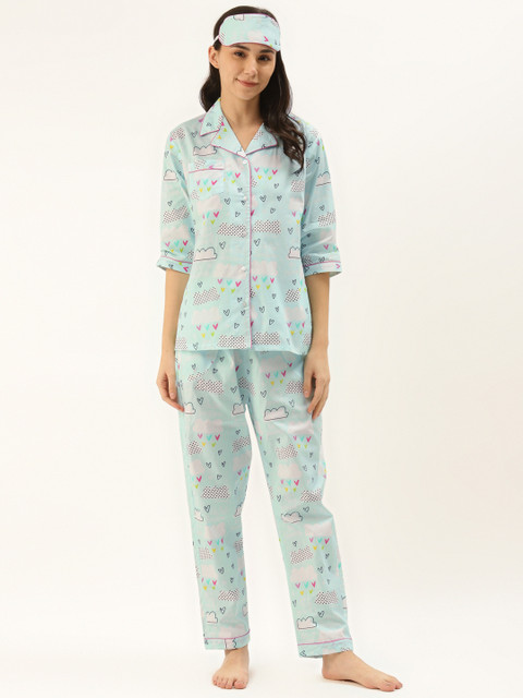 

Rapra The Label Women Blue & Pink Heart Printed Pure Cotton Night Suit With Eye Mask