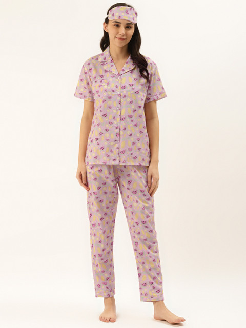 

Rapra The Label Women Pink & Yellow Pure Cotton Tropical Print Night Suit with Eye Mask