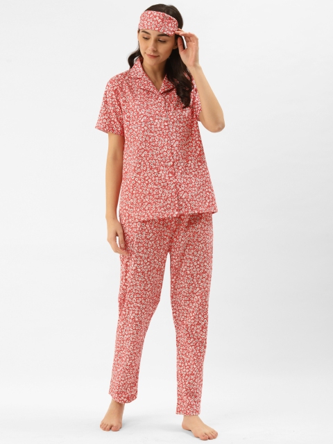 

Rapra The Label Women Red & White Pure Cotton Floral Print Night Suit with Eye Mask