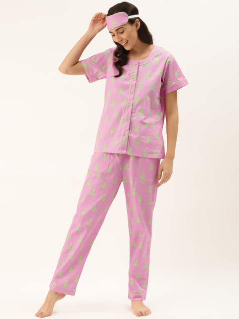 

Rapra The Label Women Pink & Green Cactus Printed Pure Cotton Night Suit With Eye Mask