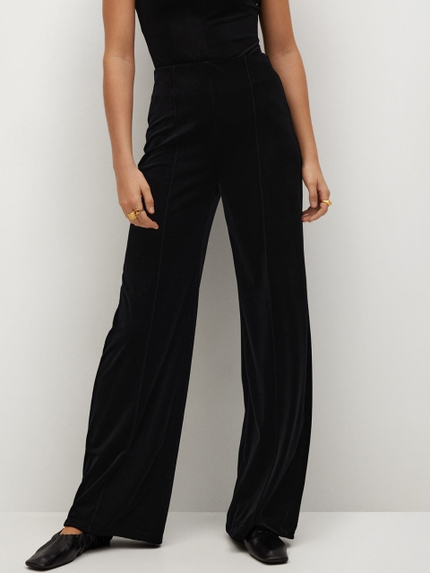 

MANGO Women Black Velvet Finish Solid Parallel Trousers