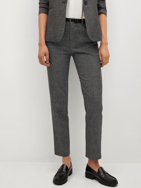 

MANGO Women Grey & Black Checked Formal Trousers