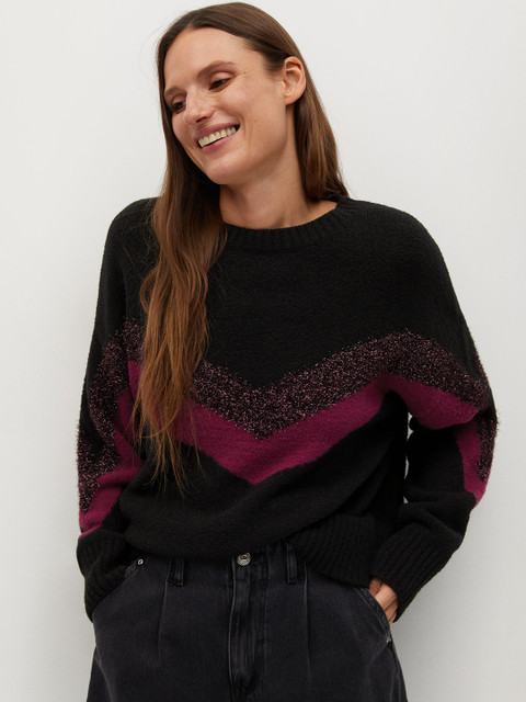 

MANGO Women Black & Magenta Colourblocked Pullover