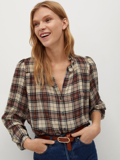 

MANGO Women Beige & Brown Checked Shirt Style Top