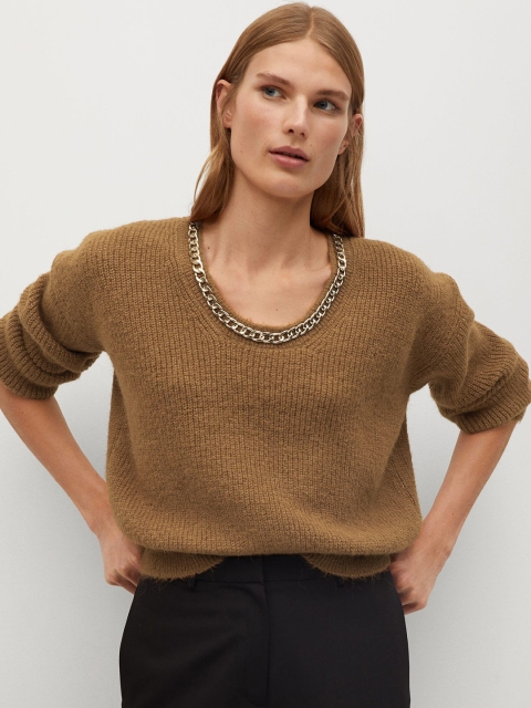 MANGO Women Brown Self Design Jewell Neck Pullover Sweater