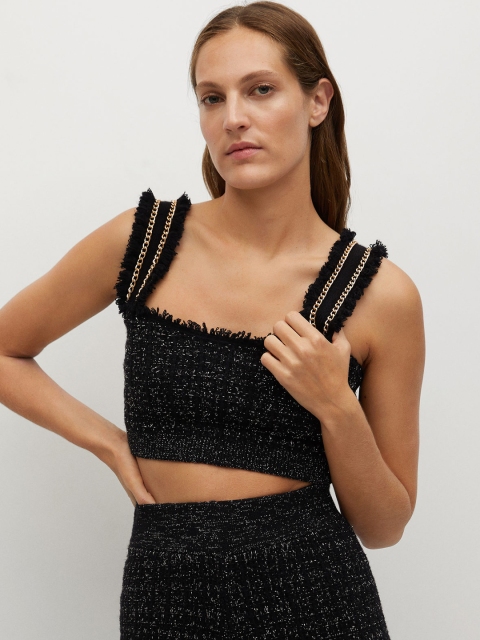

MANGO Women Black & Golden Self Design Shimmer Bralette Top