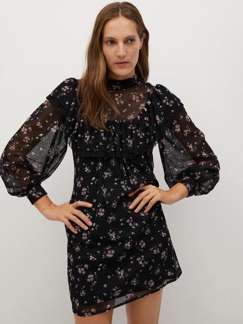 

MANGO Women Black & Pink Floral Print A-Line Dress