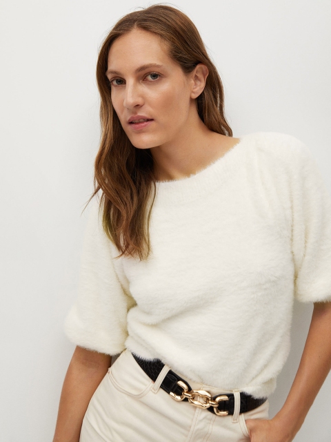 

MANGO Women Off-White Solid Pullover Sweater