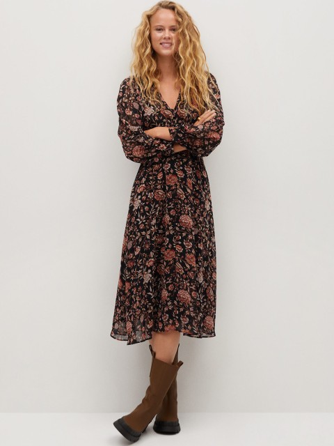 

MANGO Black & Brown Floral Printed A-Line Midi Dress