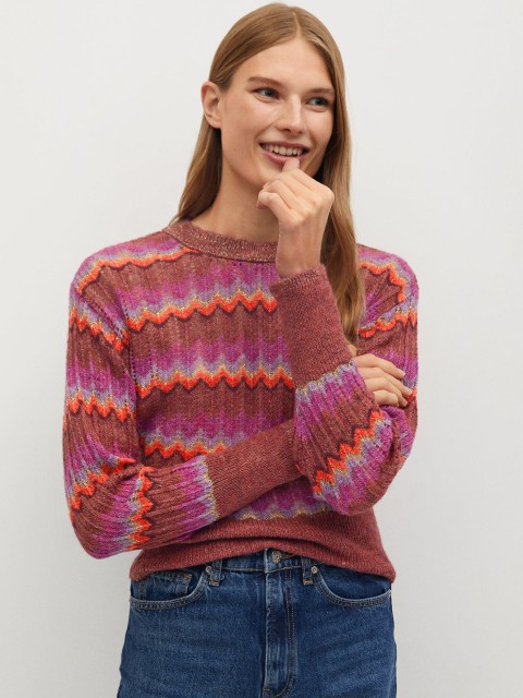 

MANGO Women Purple & Red Self Design Pullover