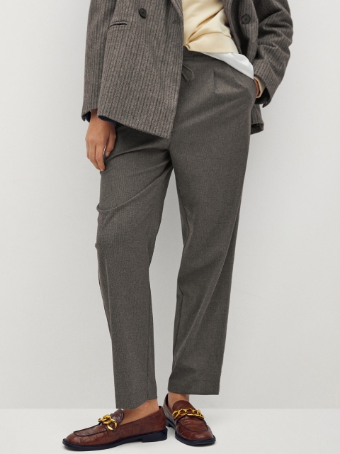 

MANGO Women Charcoal Grey Sustainable Regular Fit Knitted Self-Striped Trousers