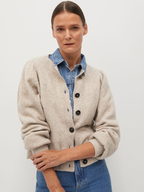 

MANGO Women Acrylic Beige Solid Puff Sleeves Cardigan Sweater