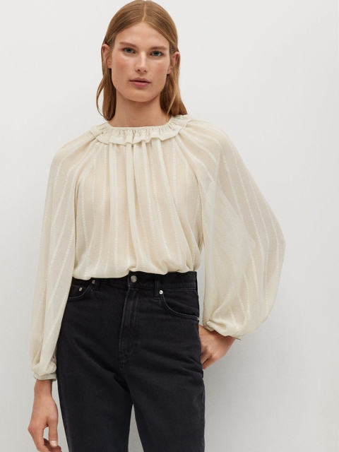 

MANGO Women Off-White Self-Striped Semi-Sheer Victorian Top