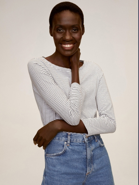 

MANGO Women White & Black Pure Cotton Striped Sustainable T-shirt