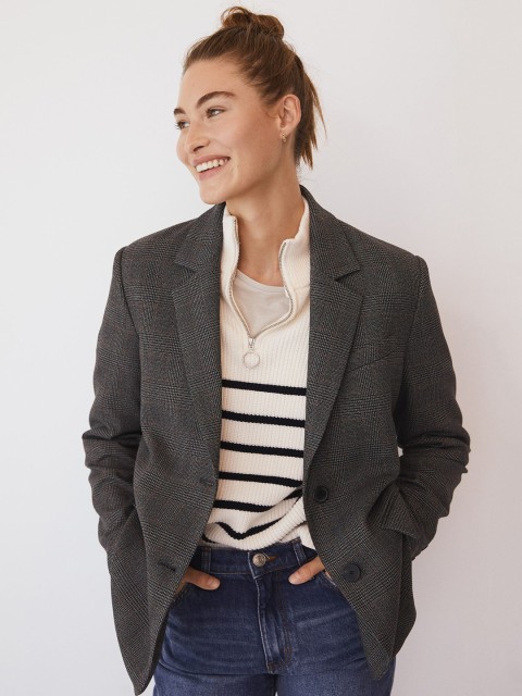 

MANGO Women Charcoal Grey Checked Single Breasted Sustainable Casual Blazer